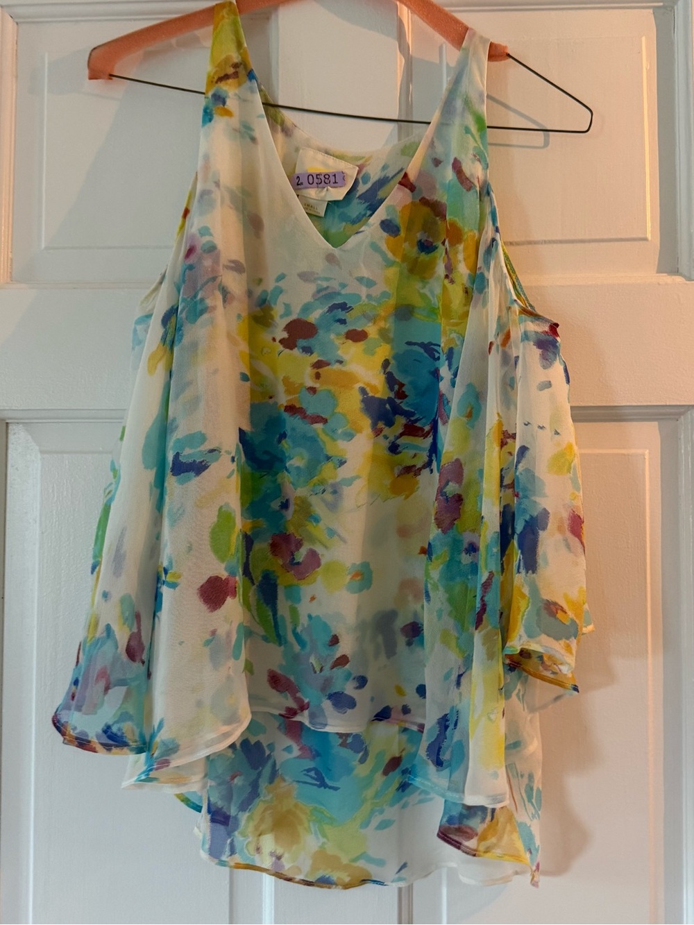 Maeve by Anthropologie Pastel Floral Watercolor V-Neck Top - Multicolor, Sz S